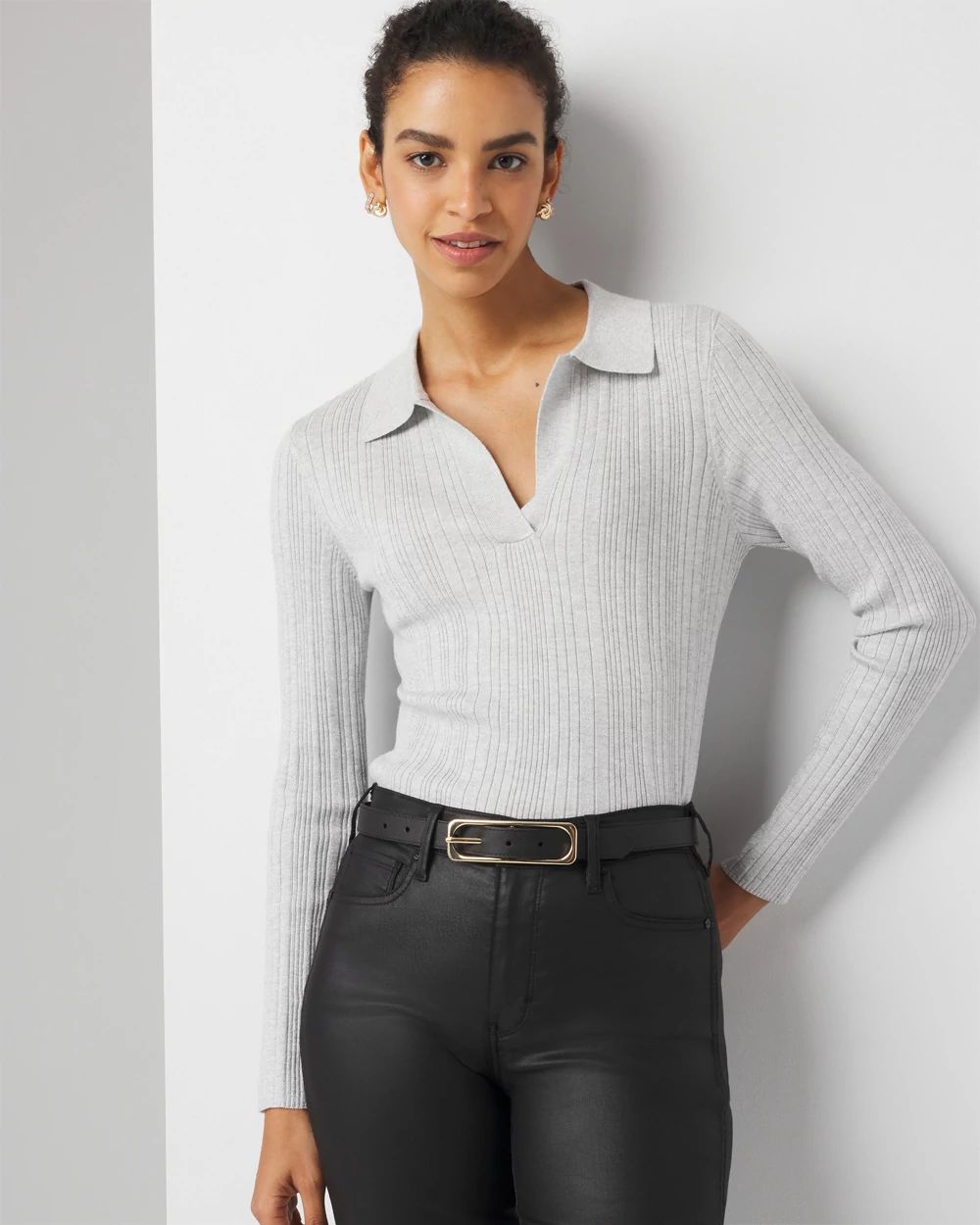 Ribbed Collar Metallic Pullover Sweater | White House Black Ribbed Collar Metallic Pullover Sweater | White House Black